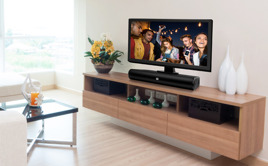 Convenient “pedestal” sound system for your TV—no wall-mounting required
