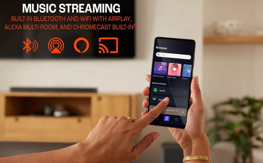Wi-Fi Terintegrasi dengan AirPlay, Alexa Multi-Room Music, dan Chromecast built-in&trade;